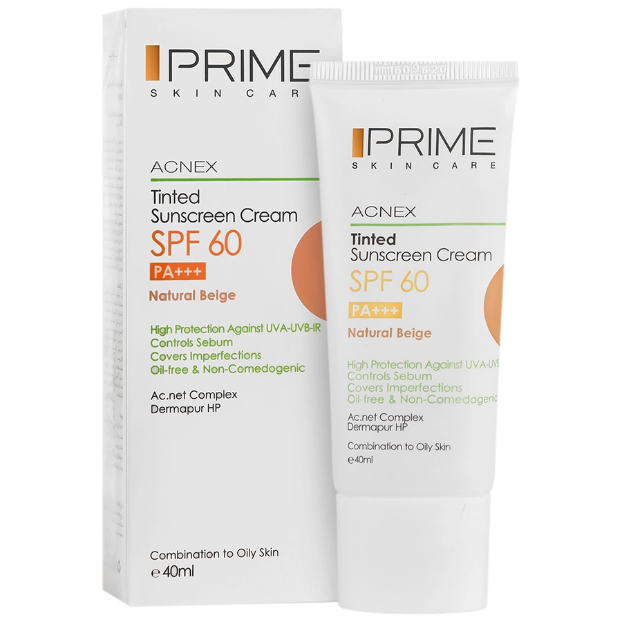 کرم ضد آفتاب رنگی فاقد چربی پرایم Acnex SPF60 بژ طبیعی حجم 40 میلی‌لیتر