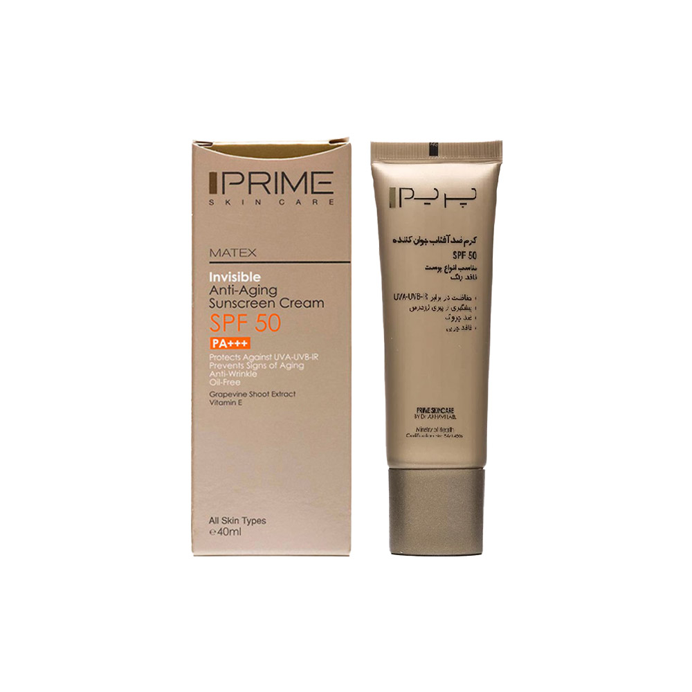 کرم ضد آفتاب جوان‌کننده بی‌رنگ پرایم SPF50 مدل Matex